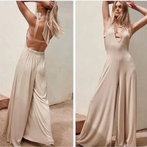 FREE PEOPLE FP BEACH Leigh Open Back One Piece Halter Wide Leg Jumpsuit